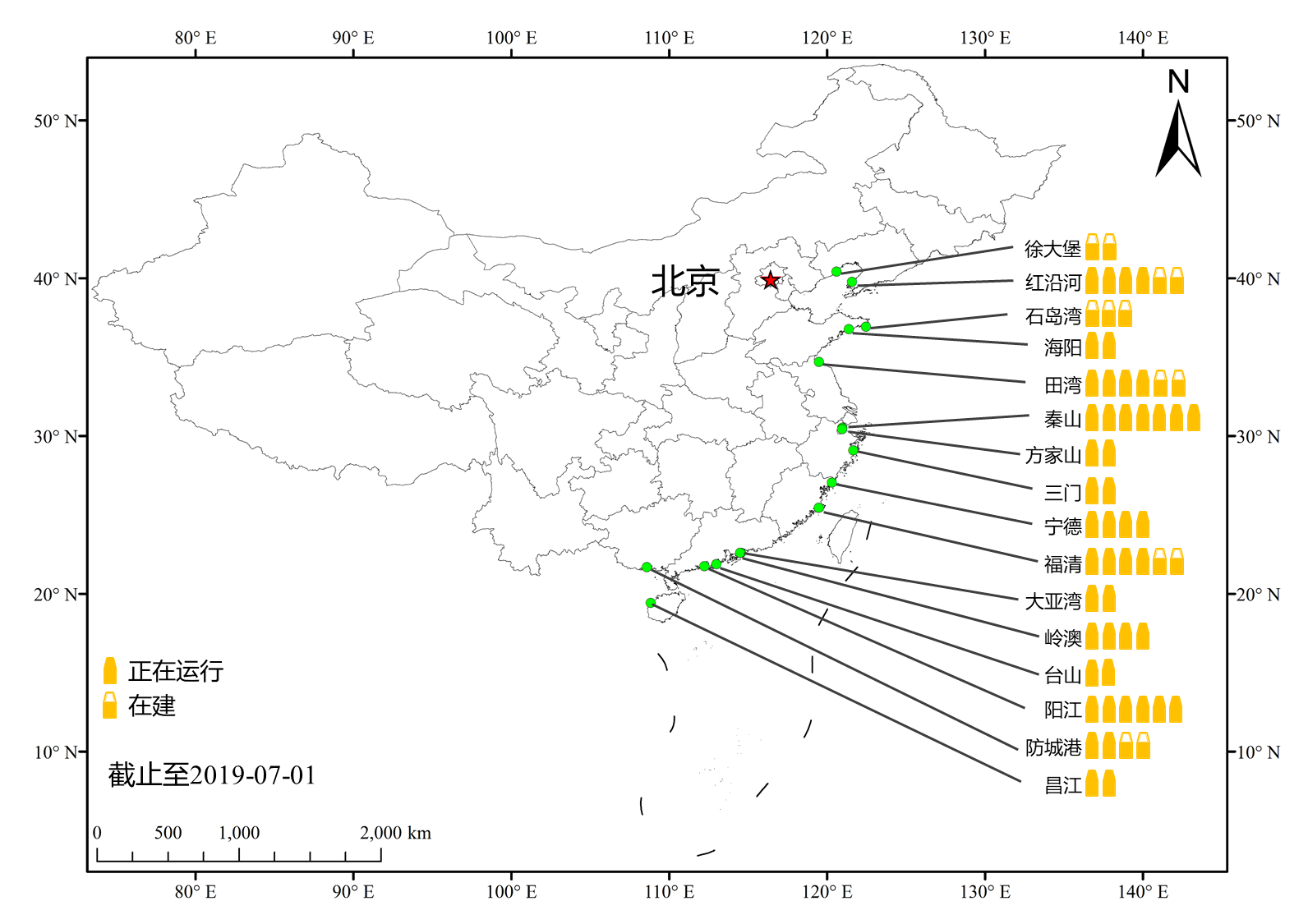 我国大陆核电站分布图(数据来源于 iaea(2019),截止到 201907)